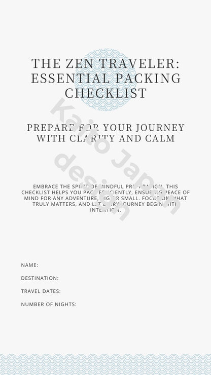 Zen traveler packing checklist with text and a subtle pattern on a white background