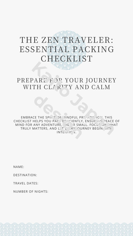 Zen traveler packing checklist with text and a subtle pattern on a white background