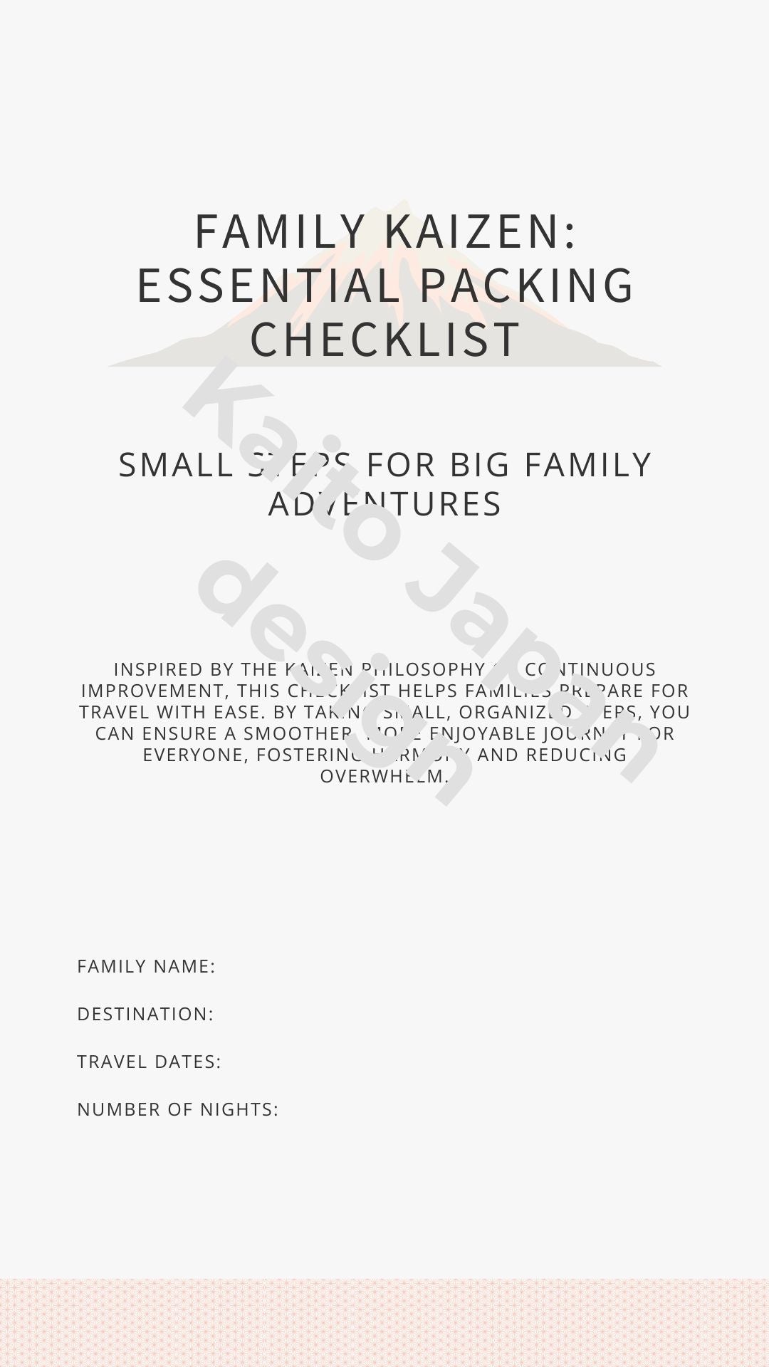 Digital image of a printable Family Travel Packing Checklist template with categories for essentials, documents, and clothing.