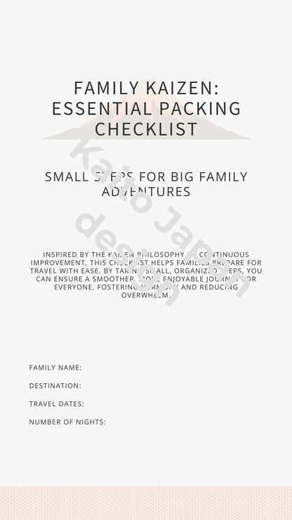 Digital image of a printable Family Travel Packing Checklist template with categories for essentials, documents, and clothing.