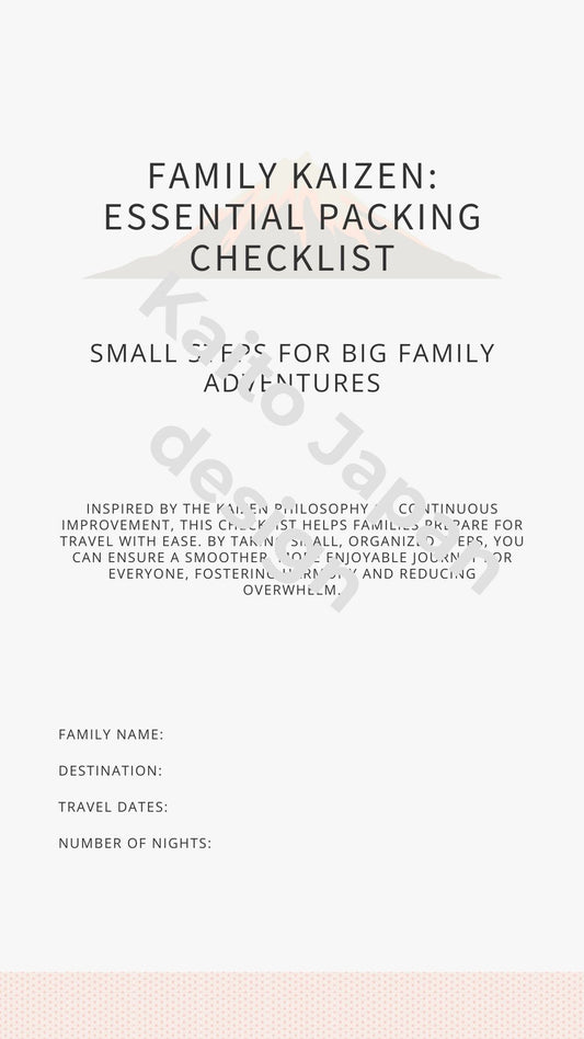 Digital image of a printable Family Travel Packing Checklist template with categories for essentials, documents, and clothing.