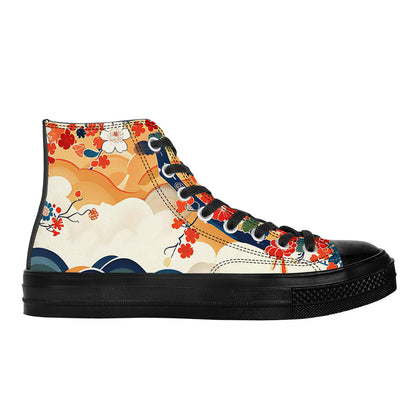 Colorful high-top sneaker with floral design on a white background