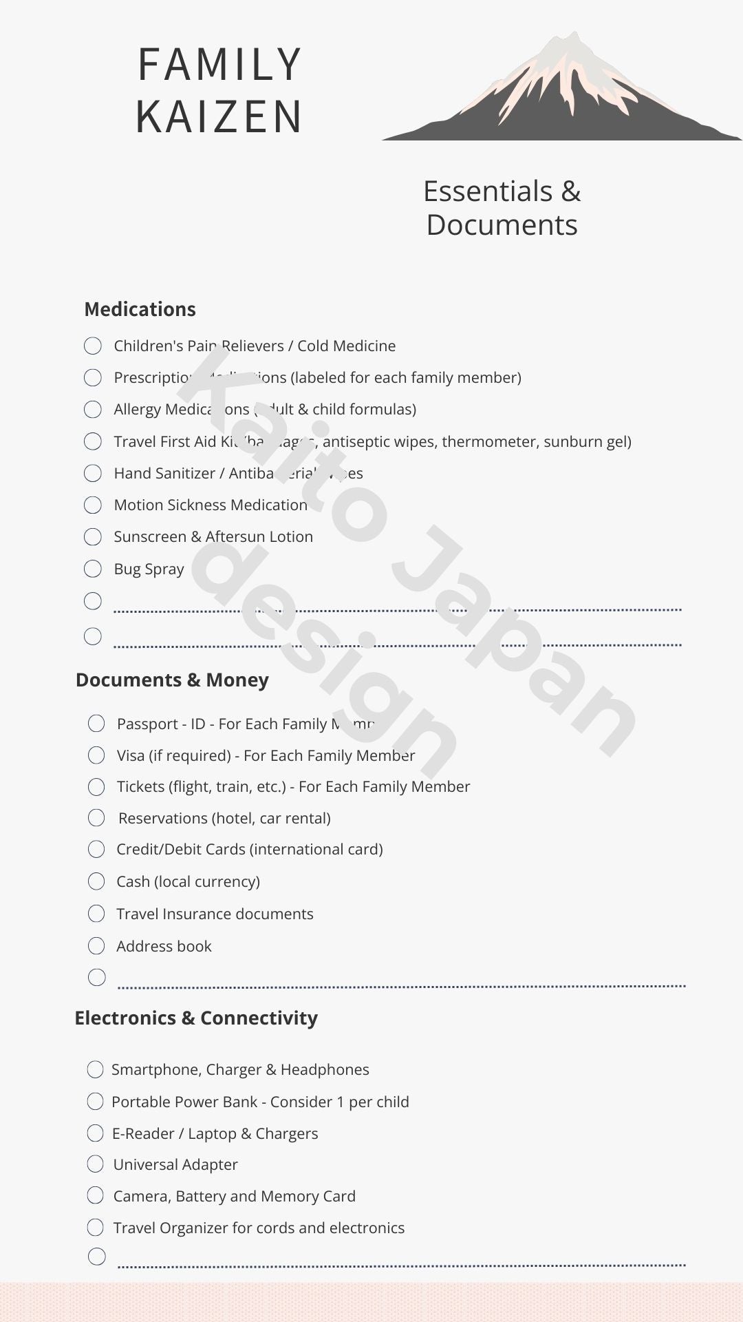 Checklist for family travel essentials and documents with a mountain and text overlay.