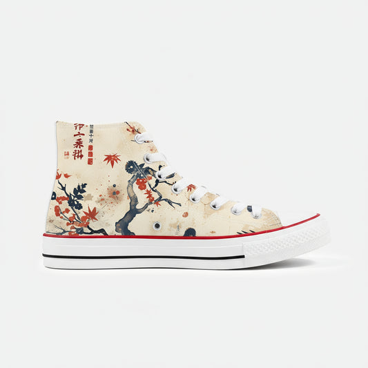 Premium high-top canvas sneakers featuring a majestic red Japanese dragon with gold accents and swirling traditional clouds on a deep black background.