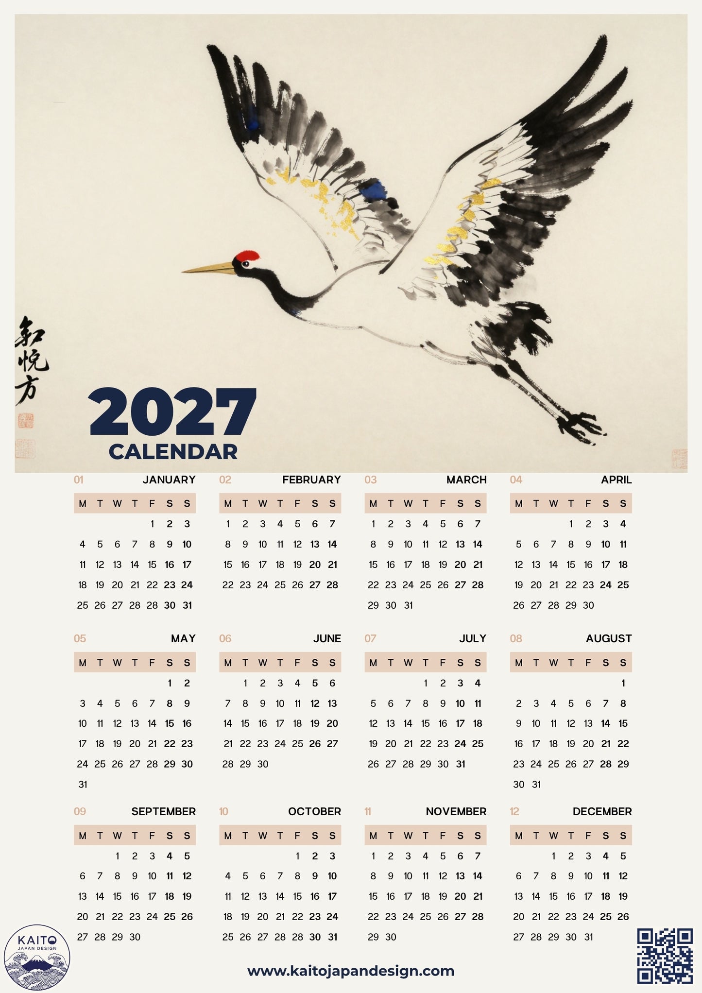 A 2027 calendar poster featuring a large white crane with black, gray, and red details above the text '2027 CALENDAR.' The lower portion shows a monthly grid from January to December in a light beige background.