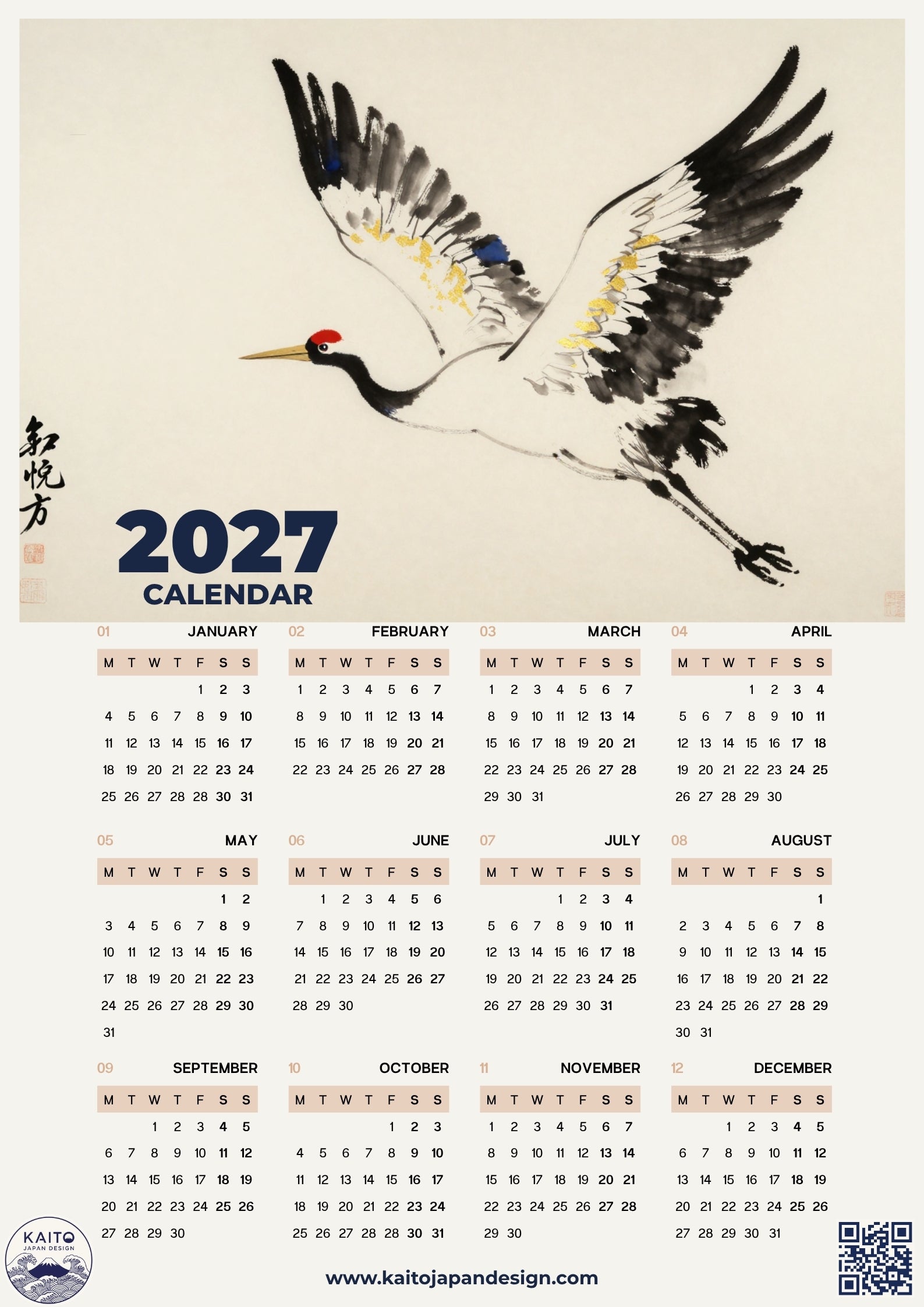 A 2027 calendar poster featuring a large white crane with black, gray, and red details above the text '2027 CALENDAR.' The lower portion shows a monthly grid from January to December in a light beige background.