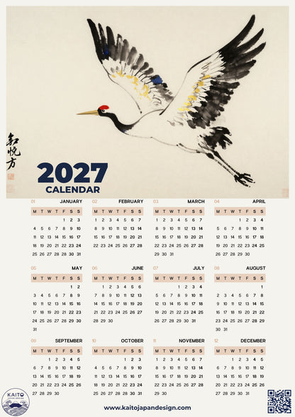 A 2027 calendar poster featuring a large white crane with black, gray, and red details above the text '2027 CALENDAR.' The lower portion shows a monthly grid from January to December in a light beige background.