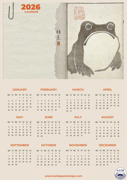 Calendar for 2026 with a stylized frog design on a textured background