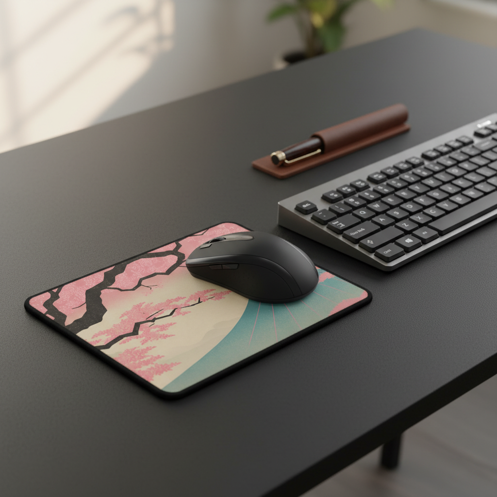 Mouse and keyboard on a desk with a decorative mouse pad featuring cherry blossom design.