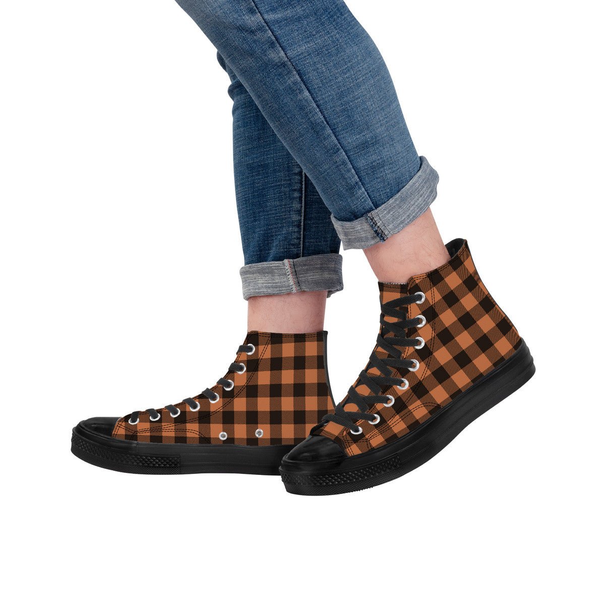 Black and brown checkered pattern canvas high top sneakers with Japanese Wagara design.