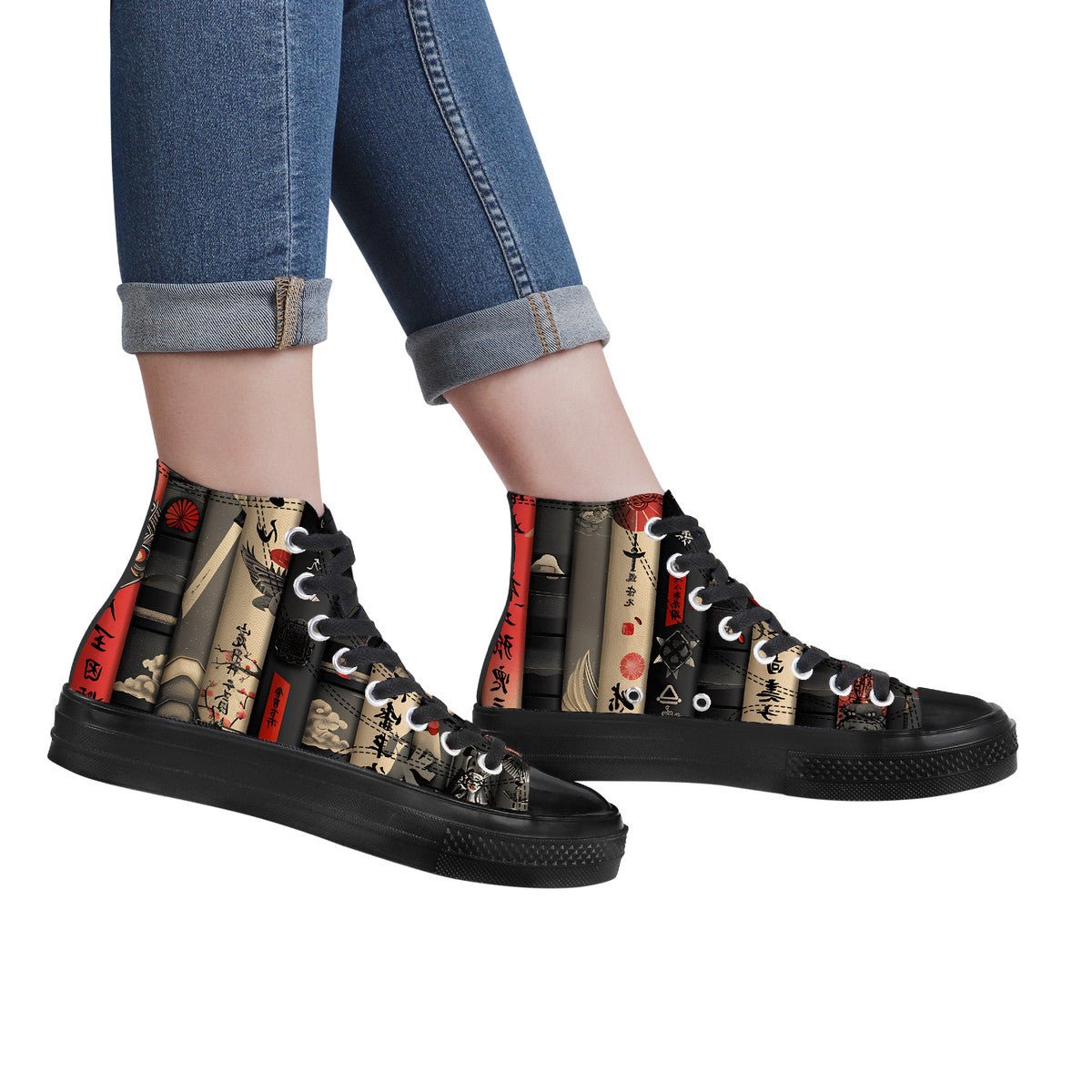 Black High - Top Sneakers with Japanese Book Spine Print - 