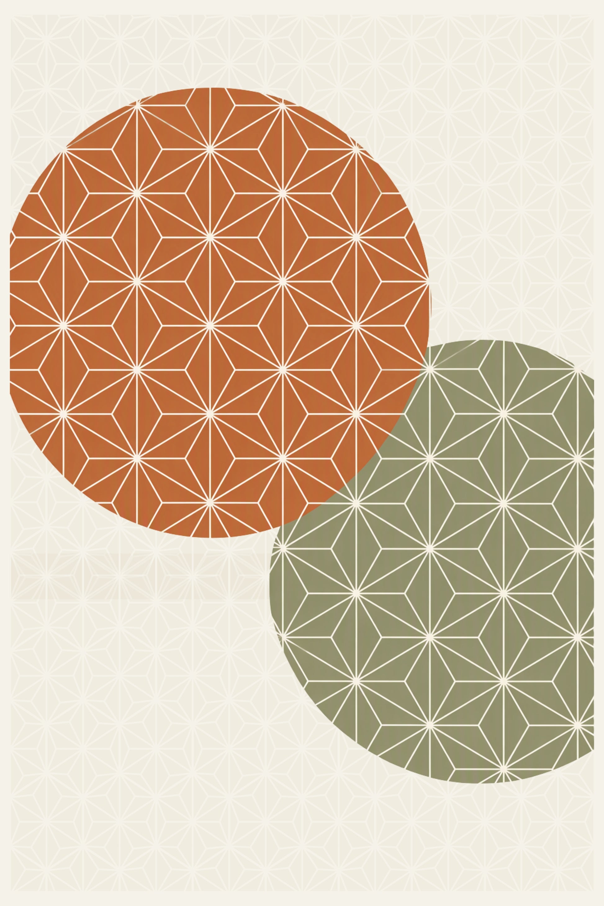 A minimalist art print featuring two overlapping circles with geometric line patterns, one in terracotta orange and the other in sage green, set against a cream-colored background with a subtle repeating floral motif.