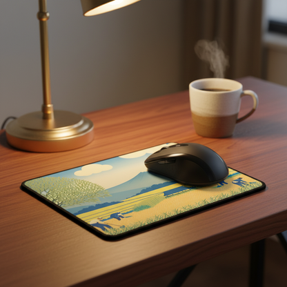 executive lifestyle shot of the "Golden Fields" mousepad on a dark mahogany desk. A high-end wireless mouse is positioned on the pad. In the background, a warm brass desk lamp and a steaming cup of coffee create an atmosphere of morning productivity and luxury.
