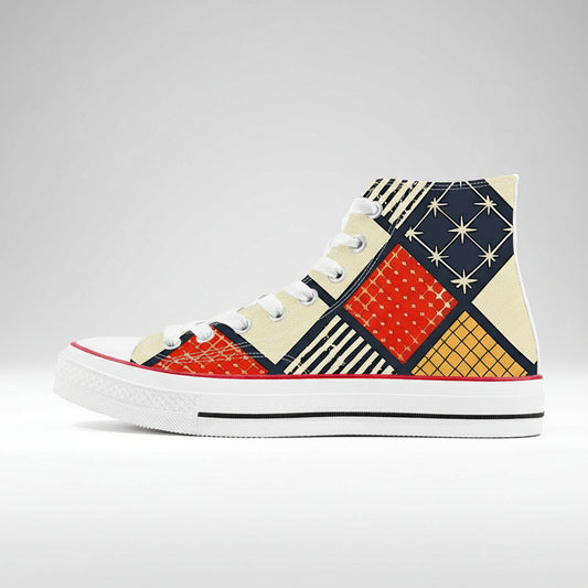 Colorful Hishi Diamond Quilt pattern high top canvas sneakers with Japanese Wagara design.