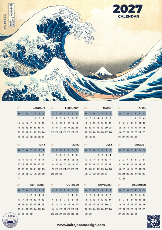 A 2027 calendar poster featuring the famous Hokusai Wave graphic at the top and a grid of monthly calendars below on a light background.