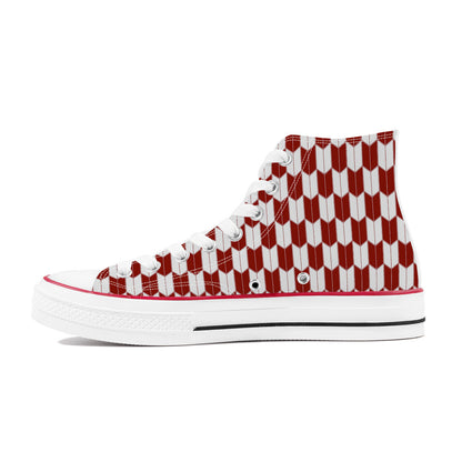 High-top sneaker with red and white geometric pattern on a white background