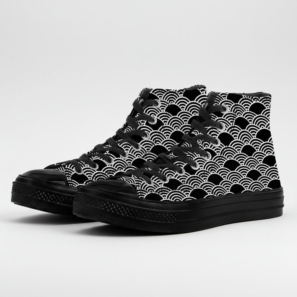 Black and white Kuro Nami (Black Wave) pattern canvas high top sneakers with minimalist Japanese wave design.