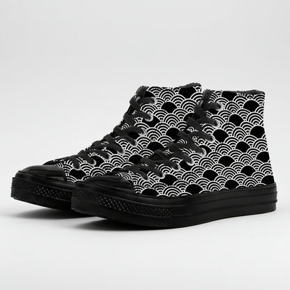 Black and white Kuro Nami (Black Wave) pattern canvas high top sneakers with minimalist Japanese wave design.