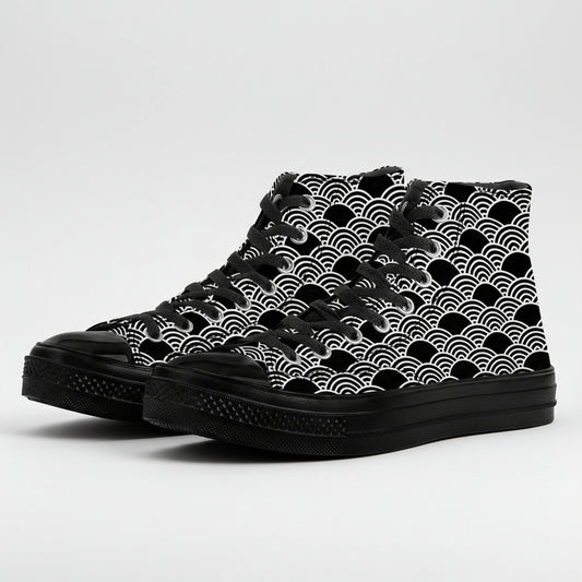 Black and white Kuro Nami (Black Wave) pattern canvas high top sneakers with minimalist Japanese wave design.