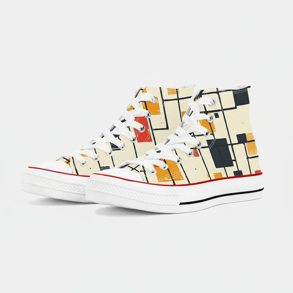 Colorful Chokaku Scattered Grid pattern high top canvas sneakers with abstract Japanese Wagara design.