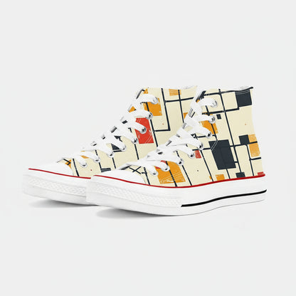 Colorful Chokaku Scattered Grid pattern high top canvas sneakers with abstract Japanese Wagara design.