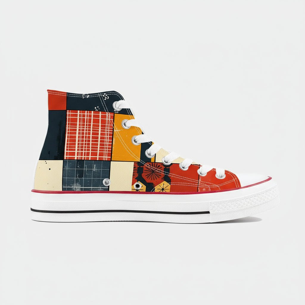 Abstract Kokon Patchwork pattern high top canvas shoes with colorful Japanese Wagara design.