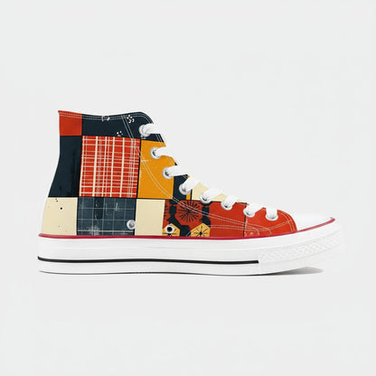 Abstract Kokon Patchwork pattern high top canvas shoes with colorful Japanese Wagara design.