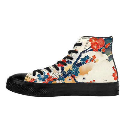 High-top sneaker with floral and animal pattern on a white background