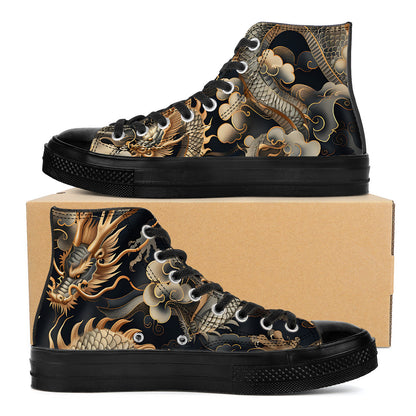 High-top sneakers with dragon design on a cardboard box
