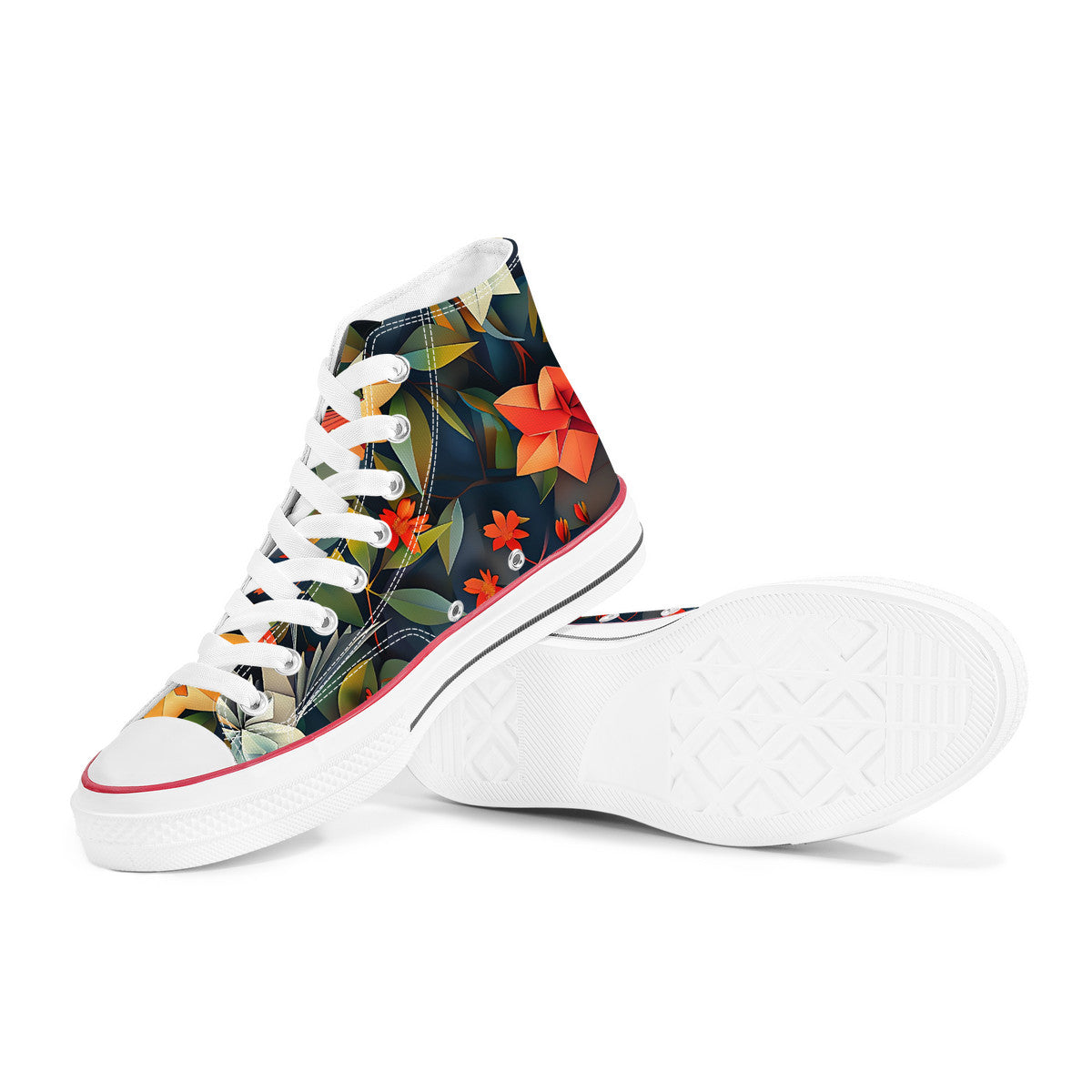 Colorful floral-patterned high-top sneakers on a white background