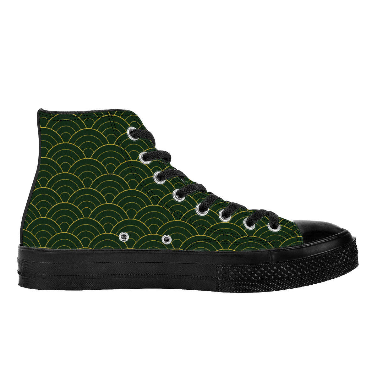 Green high-top sneaker with black pattern on a white background