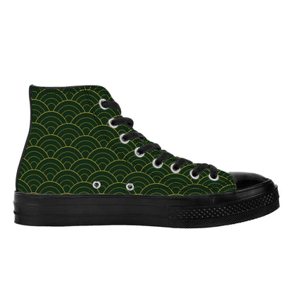 Green high-top sneaker with black pattern on a white background