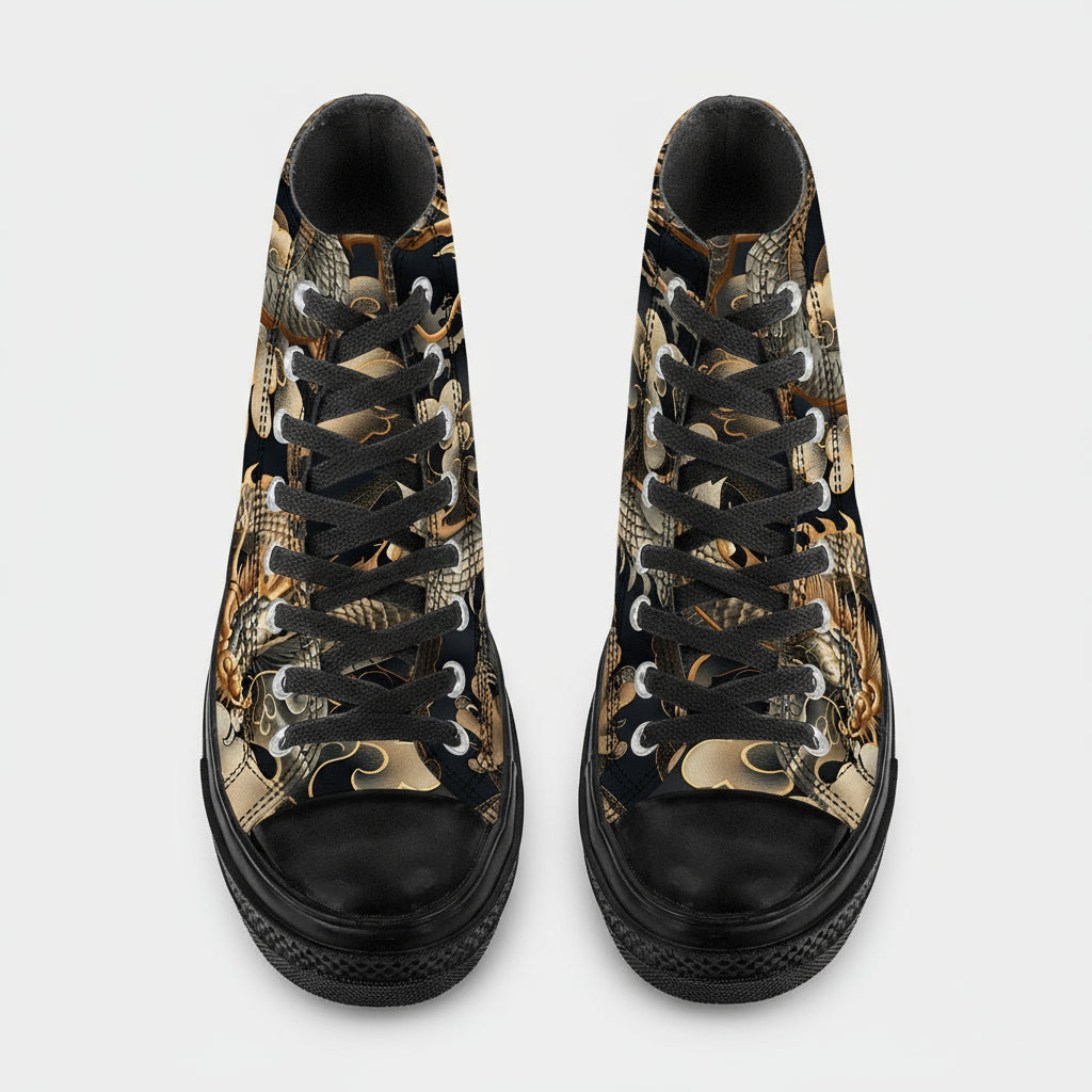 Gold and black Japanese dragon print canvas high top sneakers on a dark background.