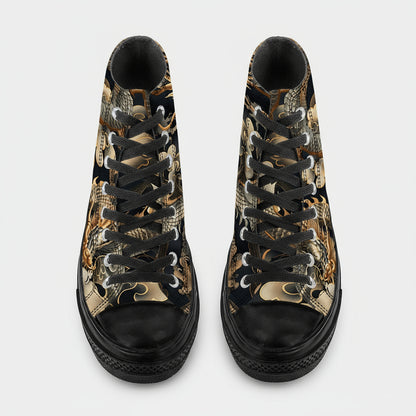 Gold and black Japanese dragon print canvas high top sneakers on a dark background.
