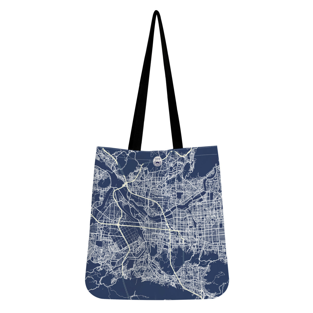 Tote bag with a map design on a white background