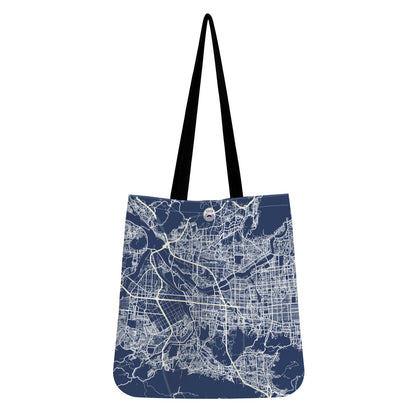 Tote bag with a map design on a white background