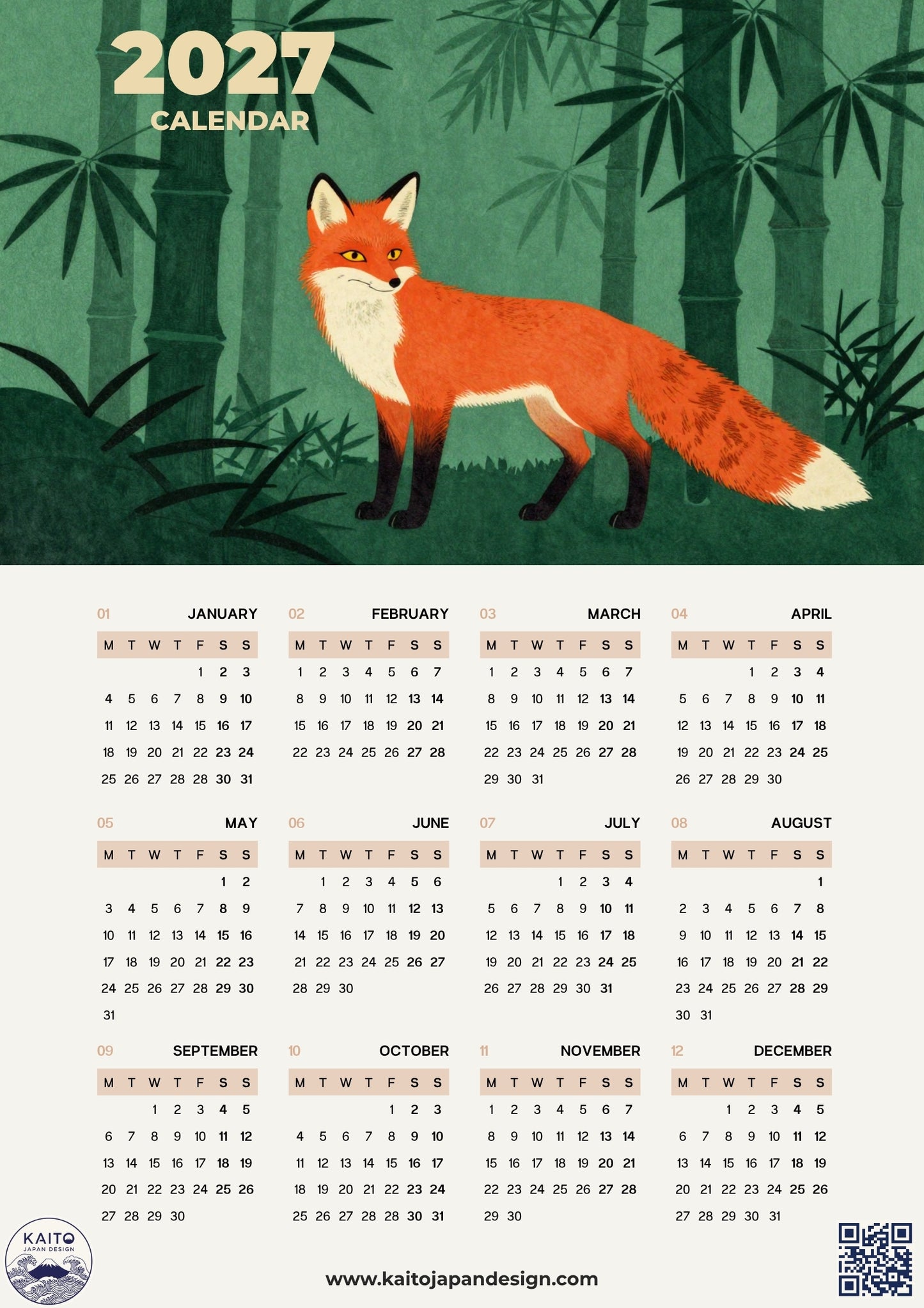 A 2027 calendar poster featuring an illustrated orange fox standing in a green bamboo forest. The top section shows the year '2027 CALENDAR' in gold text, while the bottom section displays a monthly grid for the year in beige boxes.
