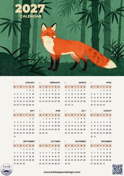 A 2027 calendar poster featuring an illustrated orange fox standing in a green bamboo forest. The top section shows the year '2027 CALENDAR' in gold text, while the bottom section displays a monthly grid for the year in beige boxes.