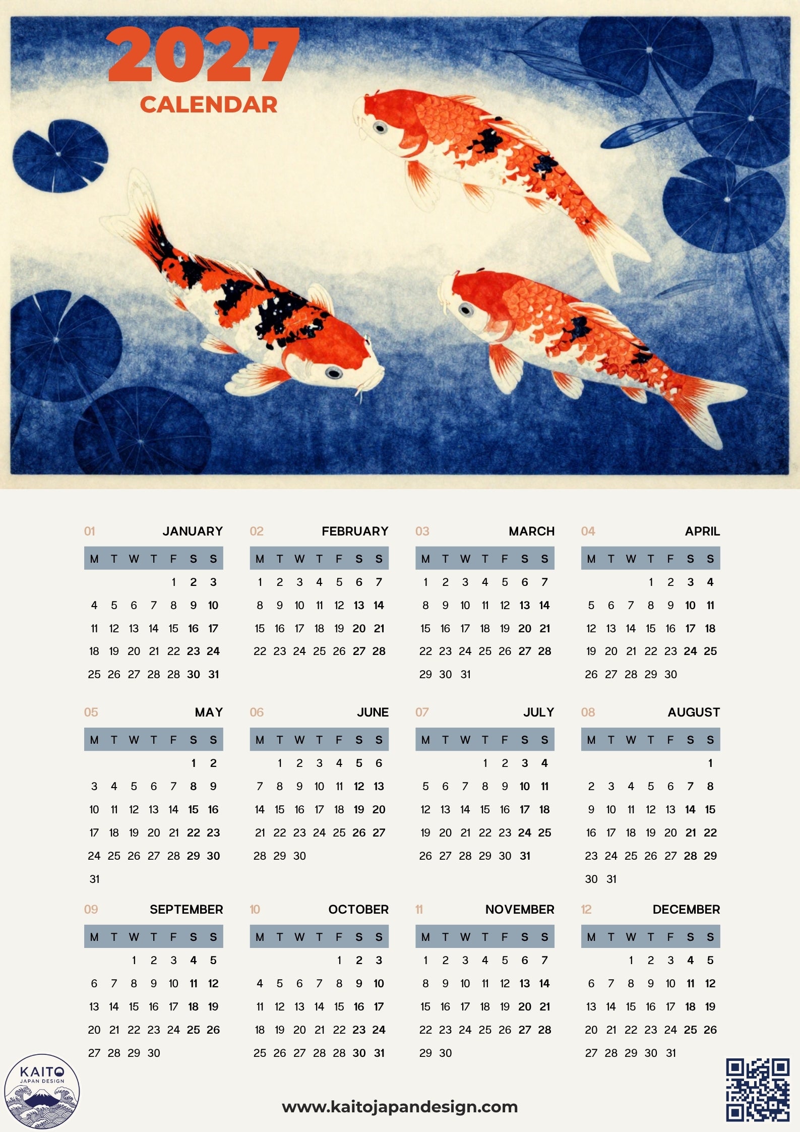 A 2027 calendar poster featuring a watercolor-style koi fish design in blue, white, and orange on a light background, with the calendar grid printed below.