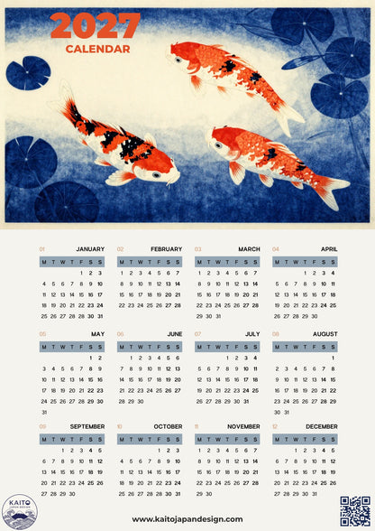 A 2027 calendar poster featuring a watercolor-style koi fish design in blue, white, and orange on a light background, with the calendar grid printed below.