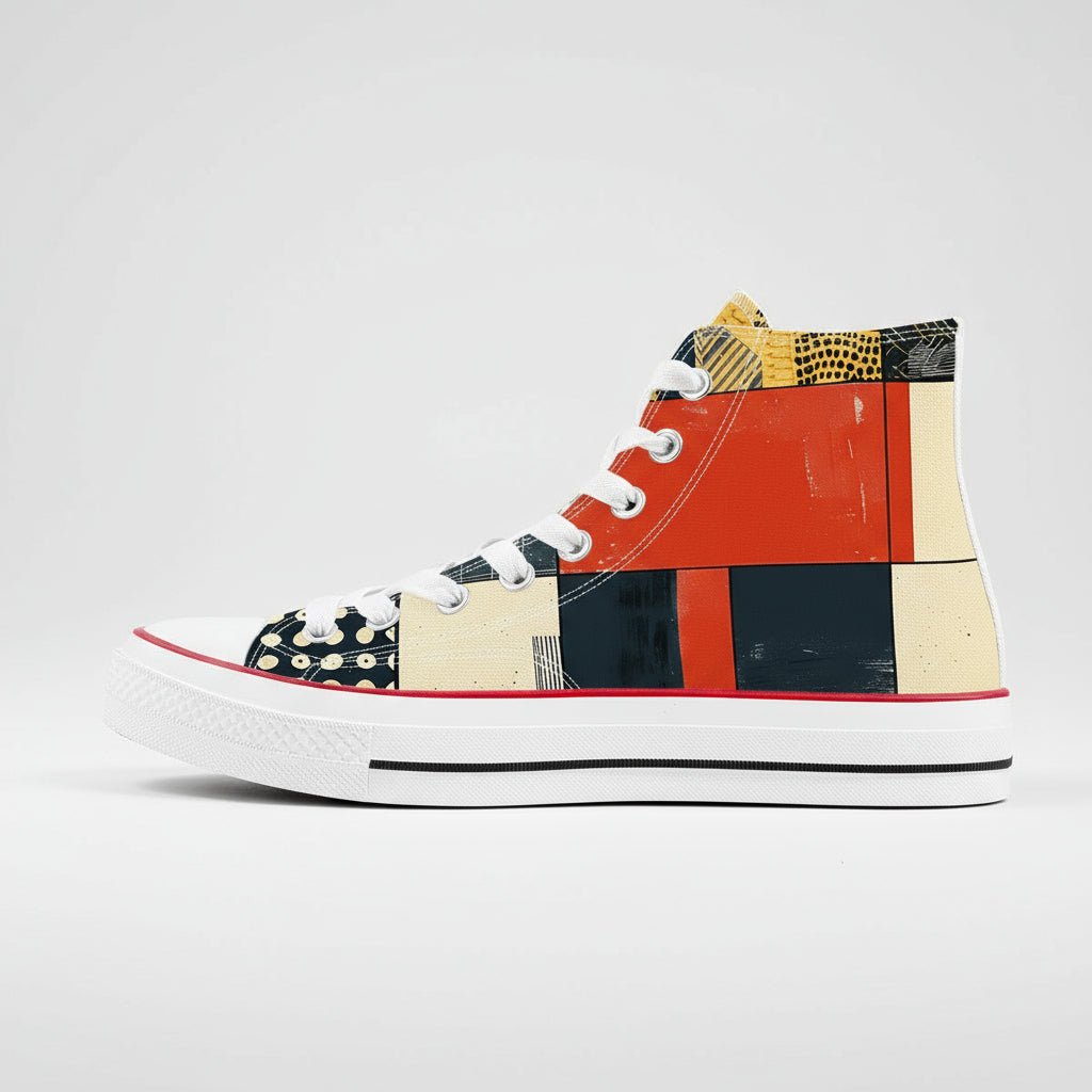 Abstract Kokon Patchwork pattern high top canvas shoes with colorful Japanese Wagara design.