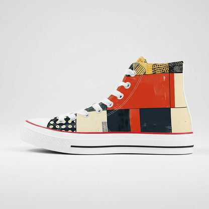 Abstract Kokon Patchwork pattern high top canvas shoes with colorful Japanese Wagara design.