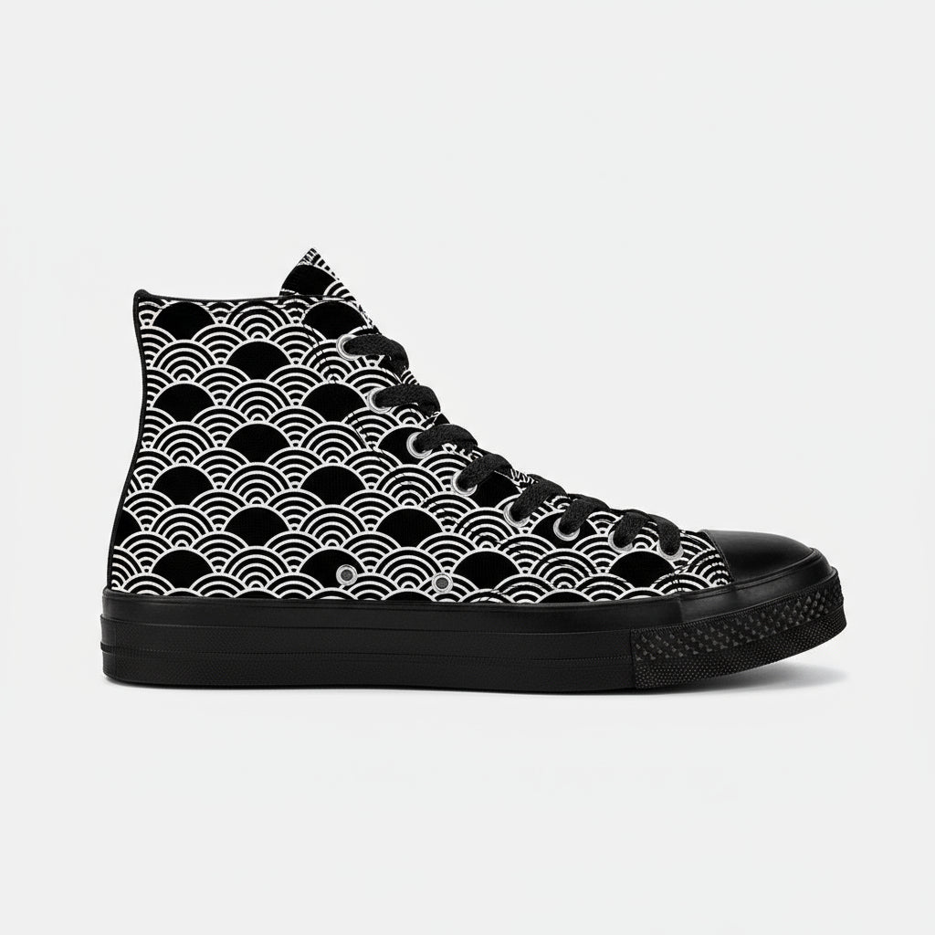 Black and white Kuro Nami (Black Wave) pattern canvas high top sneakers with minimalist Japanese wave design.