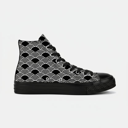 Black and white Kuro Nami (Black Wave) pattern canvas high top sneakers with minimalist Japanese wave design.