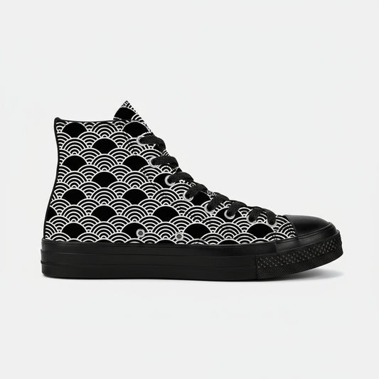 Premium high-top canvas sneakers featuring a dramatic monochromatic Japanese wave design in deep black and charcoal grey, inspired by traditional Ukiyo-e woodblock prints.