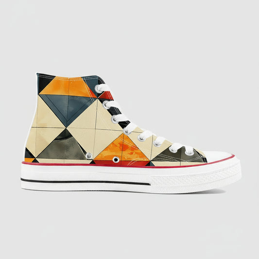 Premium high-top canvas sneakers featuring an intricate, symmetrical kaleidoscope pattern of traditional Japanese geometric motifs in a sophisticated monochromatic palette.