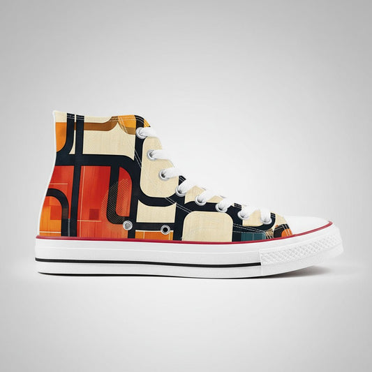 Premium high-top canvas sneakers featuring a minimalist black Enso circle over a clean, modern rounded grid pattern on a white background.