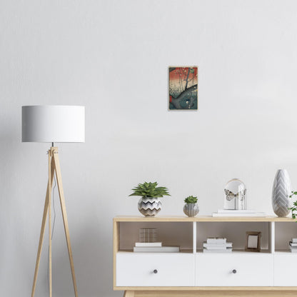 Modern interior with a floor lamp, decorative items on a shelf, and a painting on the wall.