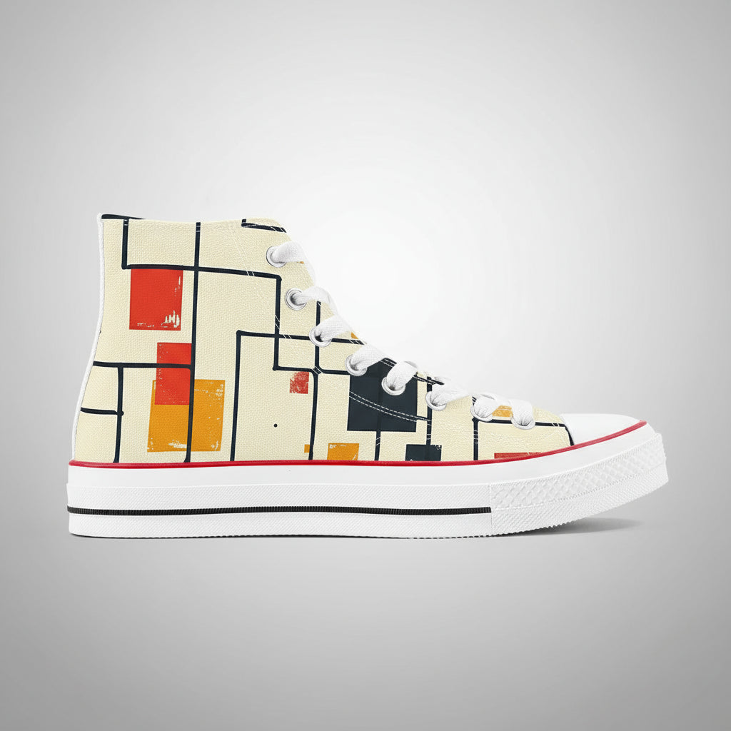 A high-top canvas sneaker featuring a light beige background with a dynamic pattern of black lines forming an irregular grid, overlaid with scattered red, orange, and dark blue rectangles and squares.