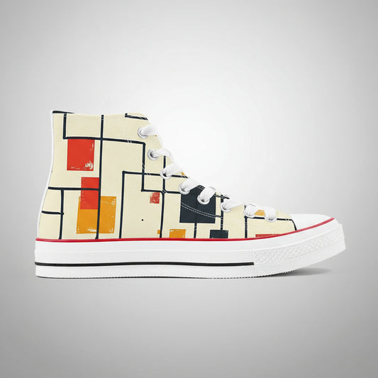 A high-top canvas sneaker featuring a light beige background with a dynamic pattern of black lines forming an irregular grid, overlaid with scattered red, orange, and dark blue rectangles and squares.